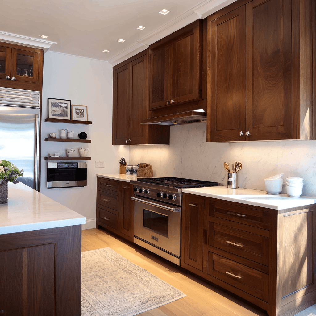 picture of newly remodeled kitchen with white granite countertops