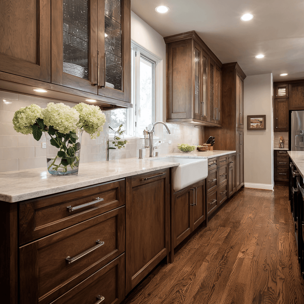 picture of newly remodeled kitchen with new granite countertops and wooden cabinets with luxury fixtures